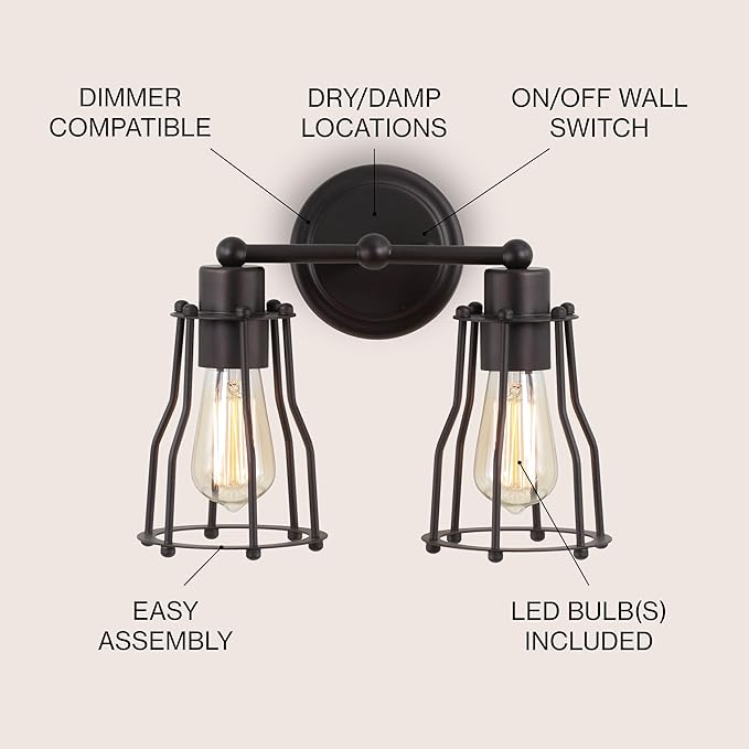 JONATHAN Y 12.5" Oil Rubbed Bronze Modern Industrial Metal Vanity Light, Bathroom Sconce for Mirror, Reversible 2-Light Wall Lamp with Metal Cage Shade for Hallway, LED Bulb Included (JYL7420A)