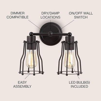 JONATHAN Y 12.5" Oil Rubbed Bronze Modern Industrial Metal Vanity Light, Bathroom Sconce for Mirror, Reversible 2-Light Wall Lamp with Metal Cage Shade for Hallway, LED Bulb Included (JYL7420A)