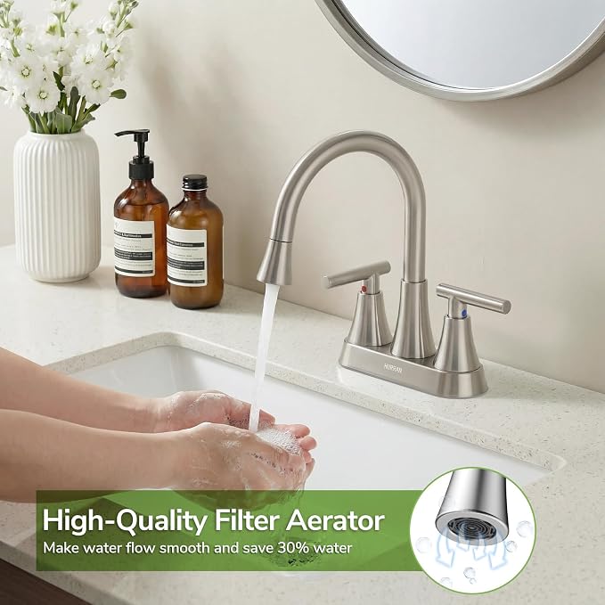 Centerset Bathroom Faucet with Pull Out Sprayer, 4 Inch 2 Handle Sink Faucet with Pop Up Drain, Stainless Steel Vanity Faucet with 2 Supply Hoses, Brushed Nickel