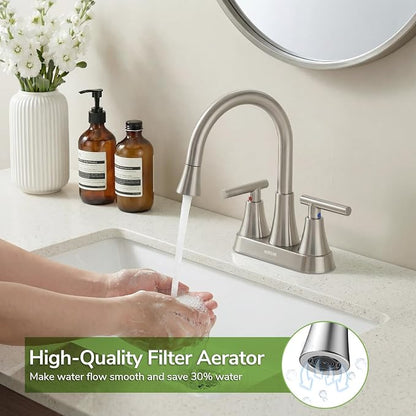 Centerset Bathroom Faucet with Pull Out Sprayer, 4 Inch 2 Handle Sink Faucet with Pop Up Drain, Stainless Steel Vanity Faucet with 2 Supply Hoses, Brushed Nickel