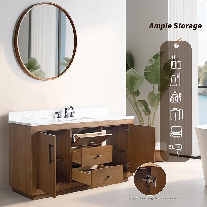 HOMEBEYOND 60" Bathroom Vanity with Single Sink & Ceramic Top, MDF Material Vanity Cabinet with Basin Combo, Soft-Closing Doors, Removable Shelf, Backsplash, Tan