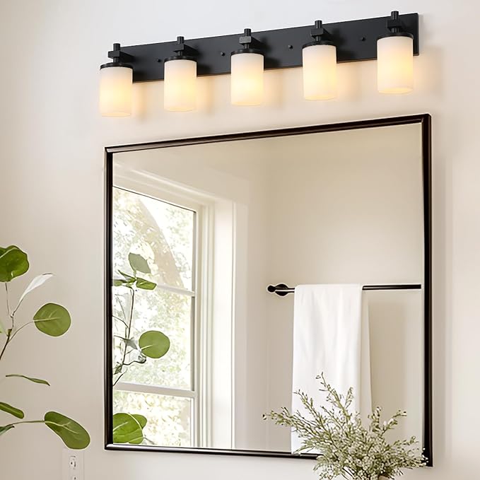 LOUSACE Bathroom Light Fixtures Over Mirror, 5 Light Vanity Lights Matte Black, Modern Bathroom Lighting with Opal White Glass Shades, Wall Sconces Fixture Vanity Lighting for Bedroom Living Room