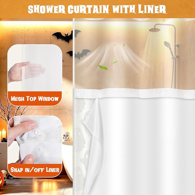 FADOTY No Hook Shower Curtain Set with Snap in Liner, Ghost, 71'' x 74'' | Bathroom Hotel Fabric Curtain, Waterproof Washable Liner, See Through Top Window, Ringless Ghost Tufted Cloth Curtain