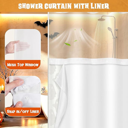 FADOTY No Hook Shower Curtain Set with Snap in Liner, Ghost, 71'' x 74'' | Bathroom Hotel Fabric Curtain, Waterproof Washable Liner, See Through Top Window, Ringless Ghost Tufted Cloth Curtain