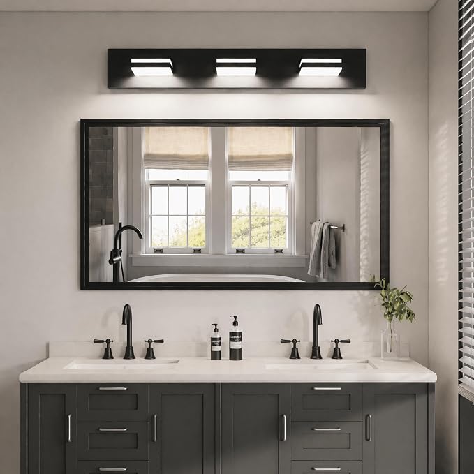 Black Modern LED Bathroom Vanity Light Fixtures over Mirror (22 in 3-Light) | Rotatable Heads, Dimmer Compatible, Wall Mount, Square Shape Design