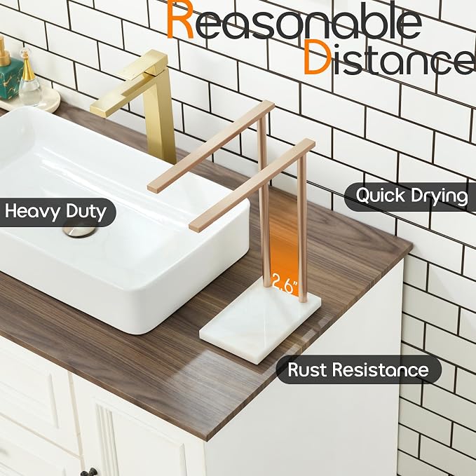 Hand Towel Bars for Bathroom Vanity Countertop 2-Tier Towel Rack Holders Stand with Heavy Marble Base Thicken Steady, Champagne Bronze Stainless Steel AN7003CPG