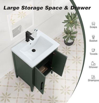 HomeBeyond 24 Inch Bathroom Vanity with Sink & Ceramic Top, Single Vanity Cabinet with Basin, Soft-Closing Doors & Matte Black Hardware, Vintage Green