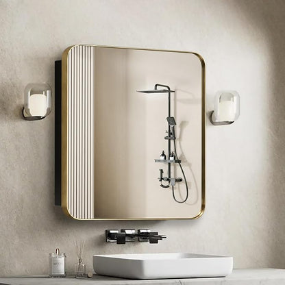20" x 20" Bathroom Medicine Cabinet with Mirror Door, Brush Gold Stainless Steel Frame, Recessed or Surface Mounted,Storage Cabinet with Adjustable Metal Shelves,Upgraded Version