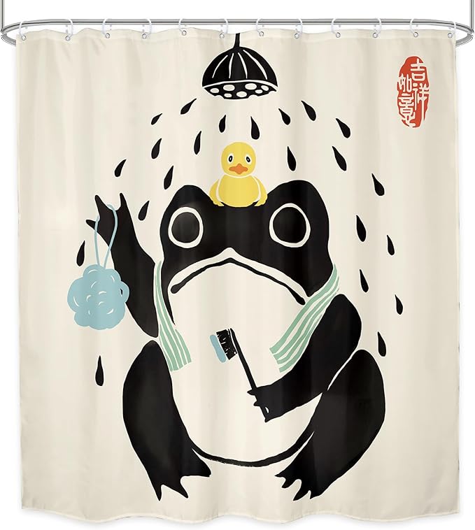 LGhtyro Funny Frog Shower Curtain Bathroom Set 71Wx71H Inches Asian Traditional Japanese Art Cute Animal Bath Style Rubber Duck Bath Accessories Retro Black Beige Art Home Decor Fabric 12 Pack Hooks