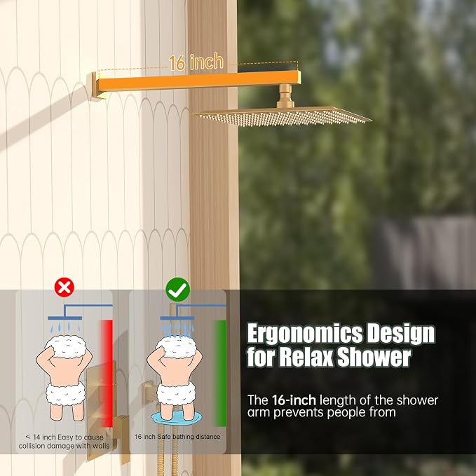 12 Inch Rainfall Shower System Rain Shower Head Combo Shower Faucet Fixture | Shower Head and Handle Set Wall Mounted Shower Mixer Kit Valve Gold