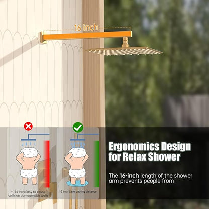 12 Inch Rainfall Shower System Rain Shower Head Combo Shower Faucet Fixture | Shower Head and Handle Set Wall Mounted Shower Mixer Kit Valve Gold