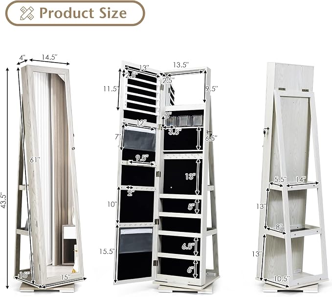 COSTWAY 360 Rotating Jewelry Armoire Cabinet, Standing Jewelry Organizer w/Full-Length Mirror & Large Storage Space, Lockable Mirror Jewelry Cabinet for Girls Women (White)
