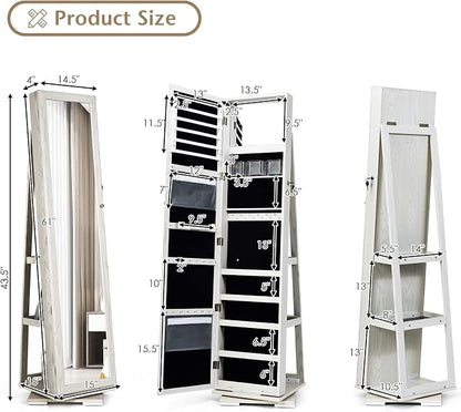COSTWAY 360 Rotating Jewelry Armoire Cabinet, Standing Jewelry Organizer w/Full-Length Mirror & Large Storage Space, Lockable Mirror Jewelry Cabinet for Girls Women (White)