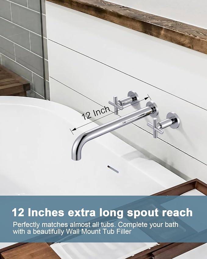Wall Mount Tub Filler ARCORA Chrome Bathtub Faucet Long Spout Reach, 2 Cross Handles Wall Mounted Tub Faucet with Brass Rough in Valve Included