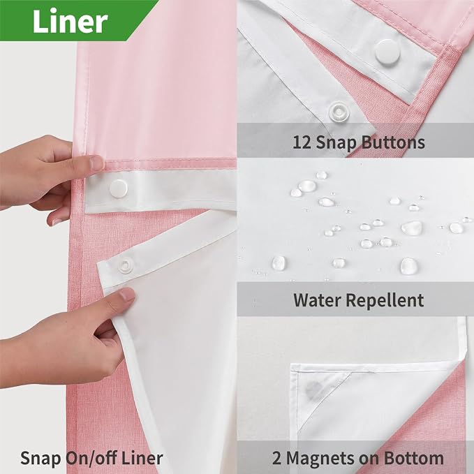 eachope No Hook Linen Texture Shower Curtain with Snap-in Liner,71x86 Pink | Extra Long,230GSM Thick Fabric,Hotel Luxury Decor,Mesh Top Window,Bottom Magnetic,Waterproof & Machine Washable,for Bathroom