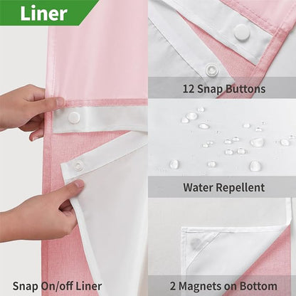 eachope No Hook Linen Texture Shower Curtain with Snap-in Liner,71x86 Pink | Extra Long,230GSM Thick Fabric,Hotel Luxury Decor,Mesh Top Window,Bottom Magnetic,Waterproof & Machine Washable,for Bathroom