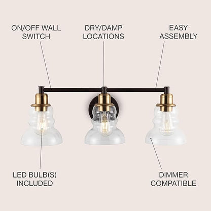 JONATHAN Y 25.5" Brass Gold/Oil Rubbed Bronze Modern Industrial Rustic 3-Light LED Vanity Light with Clear Glass Shade, Vintage Wall Sconce for Bathroom Kitchen Hallway, LED Bulb Included (JYL3546A)