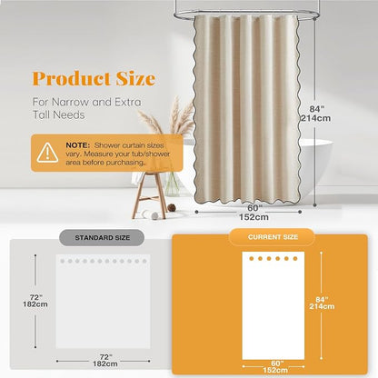 BTTN Boho Scalloped Linen Textured Cloth Shower Curtain, 60x84, Beige/Cream | Narrow Long Size, 230GSM Waterproof Polyester, Heavy Duty Fabric, 10 Plastic Hooks, Modern Farmhouse Style, Machine Washable