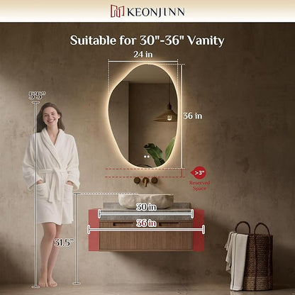 Keonjinn Irregular Backlit Mirror Bathroom, 24 x 36 in Asymmetrical LED Bathroom Mirror with Tempered Glass, UL-Listed LED Driver, Stepless Dimmable with 3 Colors, Defogging(Horizontal/Vertical)