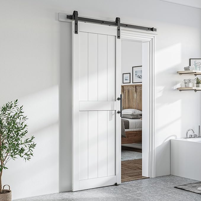 SMARTSTANDARD 28" x 84" White Sliding Barn Door with 5FT Black Hardware | Pre-Drilled Ready to Assemble, Waterproof PVC Coating, H-Frame