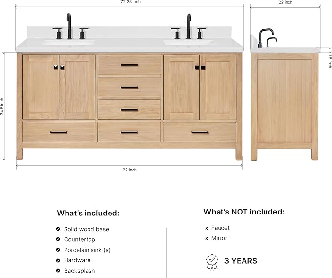 DKB Beckford 72-Inch Oak Double Bathroom Vanity with Rectangle Sinks, 1.5" Carrara White Quartz Countertop & 4" Backsplash, 4 Soft Closing Doors, 6 Dovetail Drawers, Matte Black Hardware
