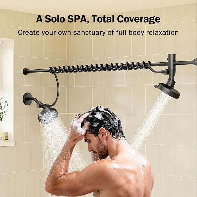 Dual Shower Head with Original Adjustable Slider, Double Showerhead, Black | High Pressure, Two People, 2 Showerhead System for Couples, Renter-Friendly, SPA-Like, Bathroom Gift for Women Men