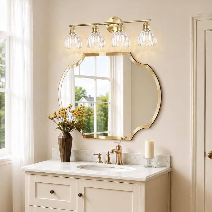 Bathroom Light Fixtures, 4-Light Brushed Gold Vanity Lights for Bathroom with Clear Tulip Glass Shade, 26" Vintage Bathroom Vanity Lighting Fixtures Over Mirror for Bedroom Living Room Hallway