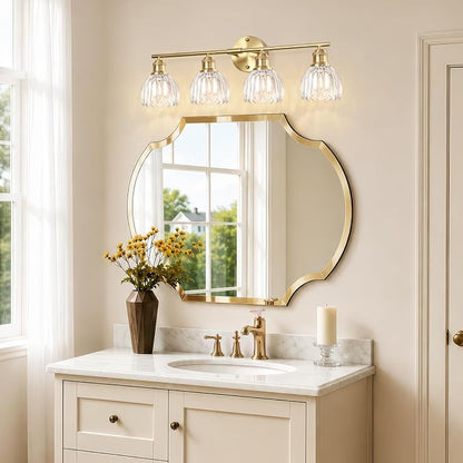 Bathroom Light Fixtures, 4-Light Brushed Gold Vanity Lights for Bathroom with Clear Tulip Glass Shade, 26" Vintage Bathroom Vanity Lighting Fixtures Over Mirror for Bedroom Living Room Hallway
