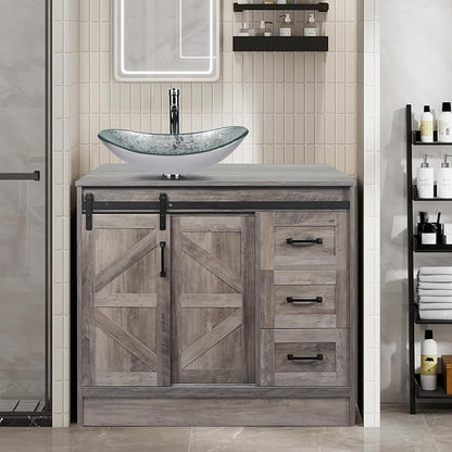 36 Inch Barn Door Bathroom Vanity, Farmhouse Style Standing Pedestal Cabinet with Boat Silver Glass Vessel Sink