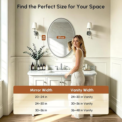 Brushed Nickel Oval Bathroom Mirror 20x28 Inch | Silver Vanity Mirror, Crystal-Clear HD Glass, Rust-Proof Aluminum Frame, Inner-Curved Decor for Bedroom, Entryway Renovation