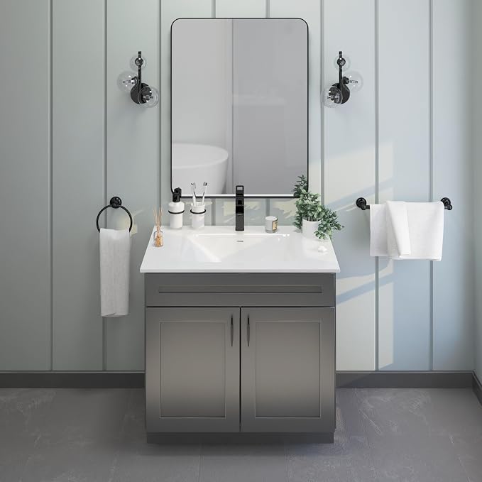 36" Grey Shaker Bathroom Vanity Base, Soft-Close Double-Door Ready-to-Assemble Sink Cabinet, 36" W x 21" D x 34.5" H, Cabinet Only, No Top