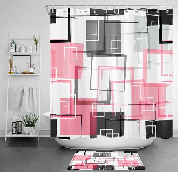Abstract Geometric Hot Pink Shower Curtain Sets with Rugs, Gray Black and White Geometric Textured Bathroom Curtain Polyester Fabric Bathroom Decoration Shower Curtain Set,70L X 70W Inches