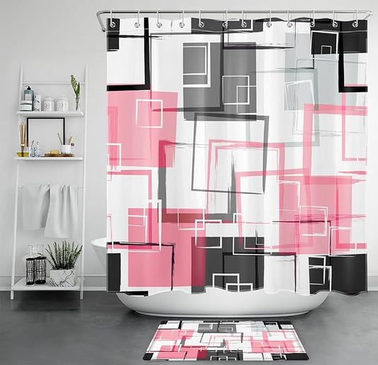 Abstract Geometric Hot Pink Shower Curtain Sets with Rugs, Gray Black and White Geometric Textured Bathroom Curtain Polyester Fabric Bathroom Decoration Shower Curtain Set,70L X 70W Inches