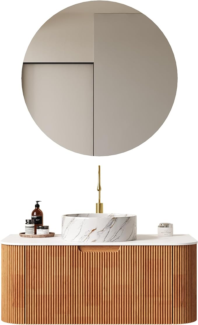 36'' Floating Vanity with Sink Combo, Modern Wall-Mounted Curved Edges Striped Bathroom Storage Cabinet with Soft-Close Drawer and White Stone Pattern Basin, Natural Walnut