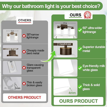 3-Light Bathroom Light Fixtures, Brown and Gold Vanity Light with Milky White Frosted Glass Shades, Modern Vanity Lighting Fixtures for Bathroom, Mirror, Bedroom, Hallway, Living Room