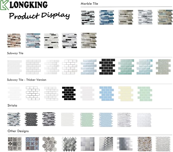 LONGKING 10-Sheet Peel and Stick Tile Backsplash, Vinyl Self-Adhesive Tile Stickers for Kitchen, Bathroom, White Marble | Peel and stick backsplash, vinyl PVC, marble, waterproof, kitchen bathroom wall, 10-sheet, set B