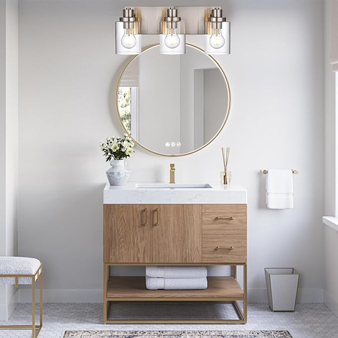 3 Light Bathroom Vanity Light Brushed Nickel Bathroom Lighting Fixtures Over Mirror with Clear Glass Shade, Modern Farmhouse Wall Sconces Vanity Lights for Bedroom Living Room