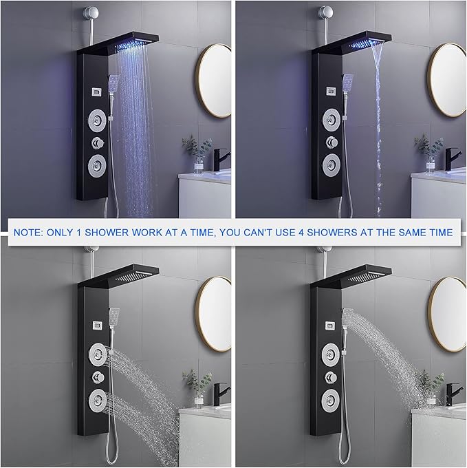 ROVOGO Retrofit Shower Panel with LED Rain Shower, 2 Body Jets and Handheld, Easy Connect Stainless Shower Tower Column with Temperature Display, Black (NOT INCLUDE ROUGH-IN VALVE)