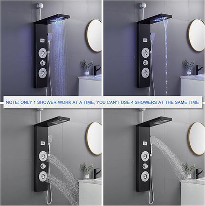ROVOGO Retrofit Shower Panel with LED Rain Shower, 2 Body Jets and Handheld, Easy Connect Stainless Shower Tower Column with Temperature Display, Black (NOT INCLUDE ROUGH-IN VALVE)