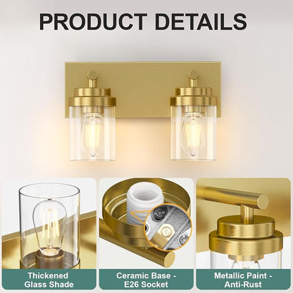 IZORRO Bathroom Vanity Light Fixture, 2-Light 15 Inch Gold Bathroom Light Fixtures Over Mirror, with White Glass Shade, Modern Farmhouse Vanity Lights, Rustic Restroom Lighting Fixtures