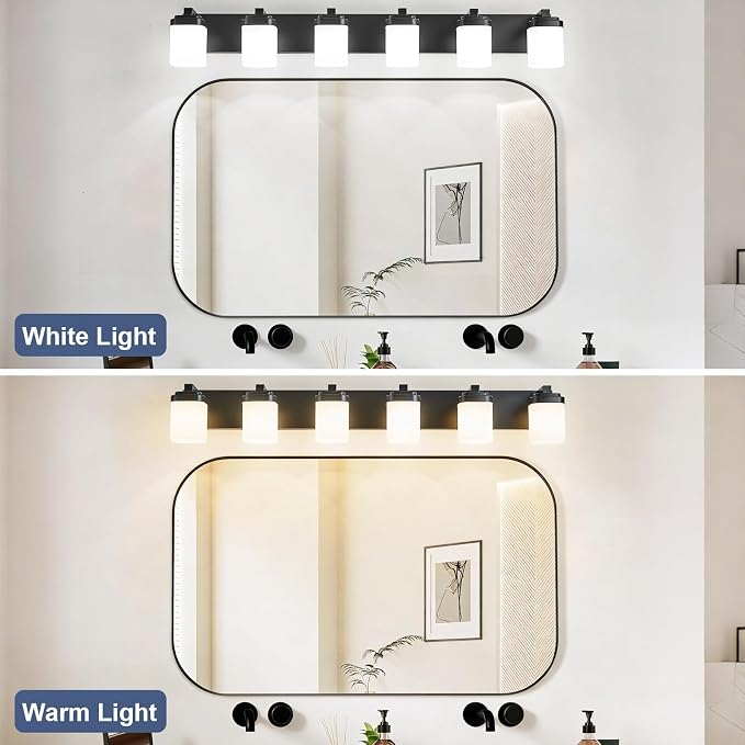 Vanity Lights, Modern Bathroom Light Fixtures Wall Sconce Light | 6-light black bathroom light fixtures over mirror with milky white square glass shade, 45 Inches farmhouse lighting fixtures
