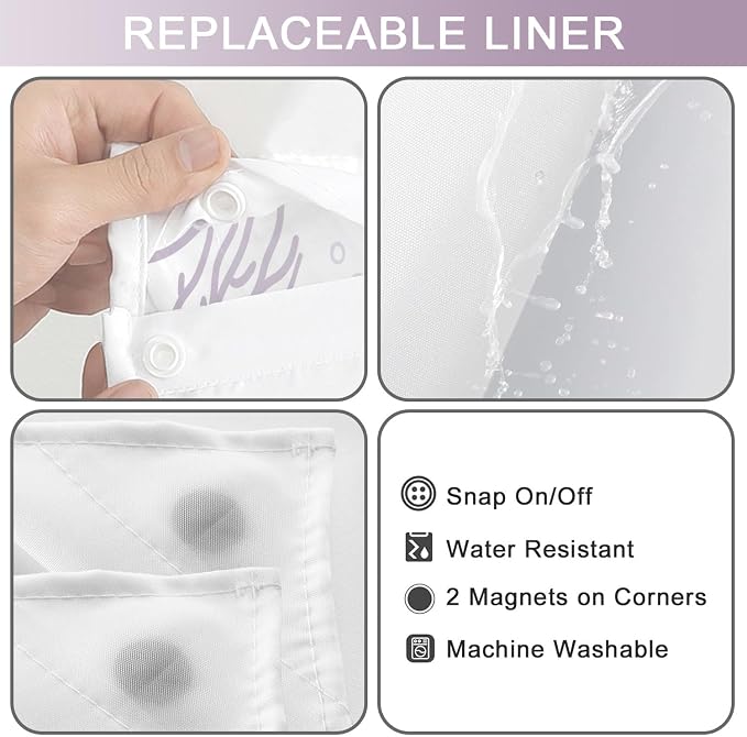 No Hook Shower Curtain and Liner Set, Purple Beach Coastal 71x84 | Nautical Ocean for Bathroom, with Snap in Liner Replacement, Mesh Top Window, Waterproof, Machine Washable, Quick-Drying