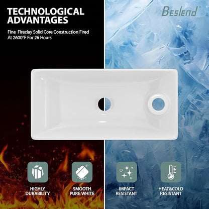 Wall Mount Bathroom Vessel Sink Space Saving | Beslend 17"x8" Inch White Ceramic Vessel Sink, Rectangular White Art Hand Wash Basin with Single Hole