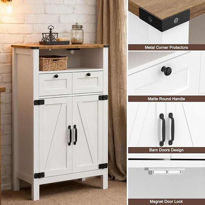 Bathroom Floor Cabinet with Outlets, Farmhouse White Cabinet with Doors, Drawer, Bathroom Storage Cabinet Hutch Cupboard Organizer for Kitchen Pantry, Laundry, Entryway, Rustic