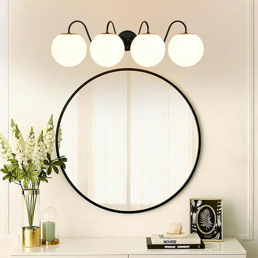 4 Lights Vintage Bathroom Vanity Light Fixtures Over Mirror, Matte Black Vanity Lights For Bathroom With Milk White Glass Globe Shade, Wall Lights For Bedroom, Hallway, Dressing Table(Includ G9 Bulbs)