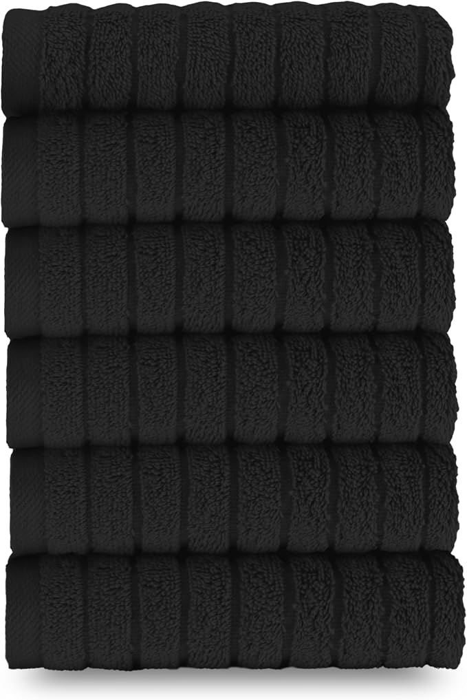 Elegant Comfort 100% Turkish Cotton Corduroy Ribbed Luxury Washcloths 6 Pack Soft 13 x 13 Inch - Higly Absorbent, Durable, Quick Dry, Spa Premium Hotel Quality for Bathroom or Travel, Black