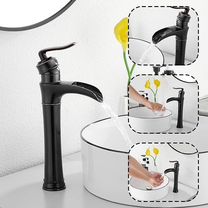 Oil Rubbed Bronze Bathroom Vessel Faucet GGStudy Single Handle One Hole Waterfall Farmhouse Bathroom Vessel Sink Faucet Matching with Pop Up Drain
