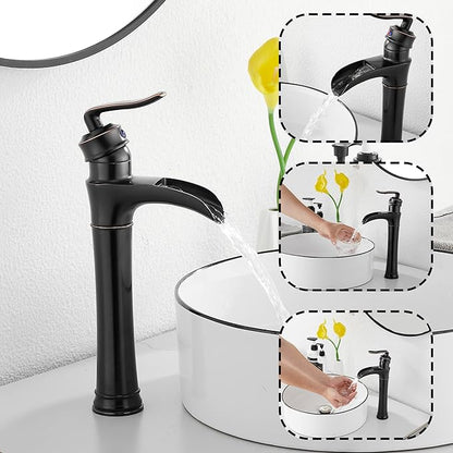 Oil Rubbed Bronze Bathroom Vessel Faucet GGStudy Single Handle One Hole Waterfall Farmhouse Bathroom Vessel Sink Faucet Matching with Pop Up Drain