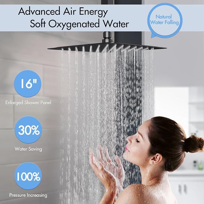 Shower System with Body Jets, 16 inch Ceiling Rainfall Showe Jets System with Handheld Multiple Shower Head System(Can All Run One Time) Thermostatic Shower System with Valve and Trim