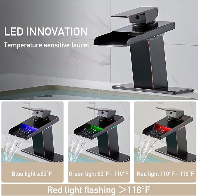 LED Bathroom Sink Faucet, Oil Rubbed Bronze Waterfall Single Hole Handle Vanity Faucets for Sinks 1 Hole with Metal Pop Up Drain and 2 Water Supply Lines, Stainless Steel Spout